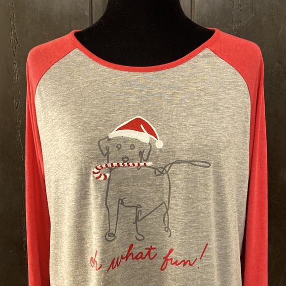 ED gray & red sleeve shirt w/Xmas dog & candy cain with verbiage “oh what fun!”L - Picture 4 of 10
